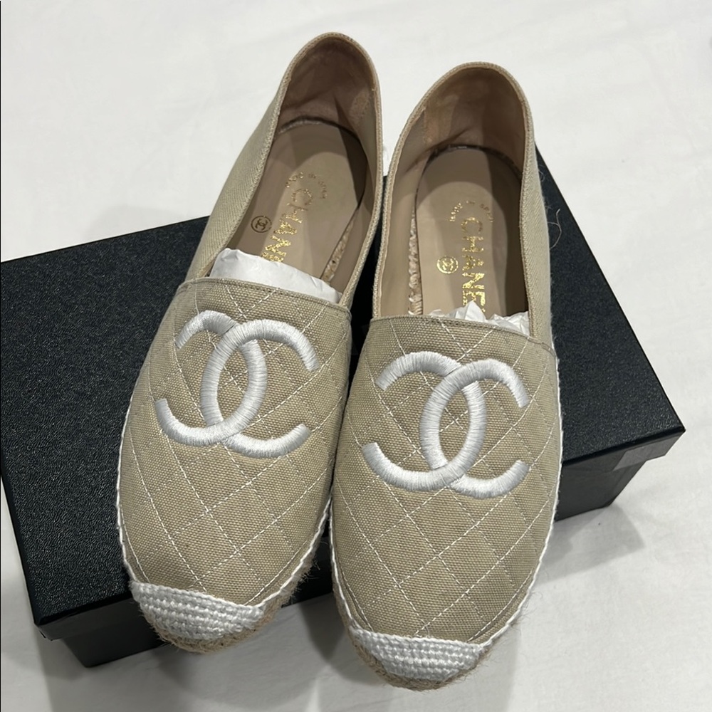 CHANEL Tan and White Espadrilles with Quilted Design
